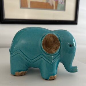 Turquoise and Brown Ceramic Baby Elephant Figurine with Crackle Finish